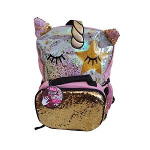Pink Sparkle Unicorn 16" Backpack & Lunch School Sequin Book Bag Set NWT